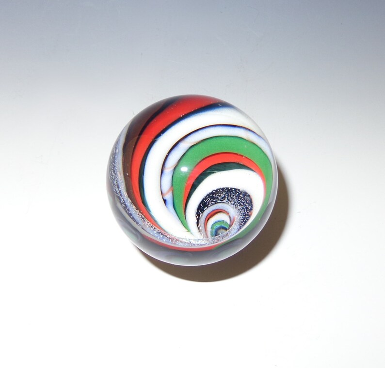 Striped Vortex Glass Marble, Red, Green, White, Dichroic with Abstract Back flamework, lampwork, borosilicate image 2