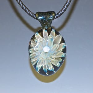 Fumed Glass Pendant with White Opal, Air Trap, Sea Anemone, Large flamework, borosilicate, handmade image 2