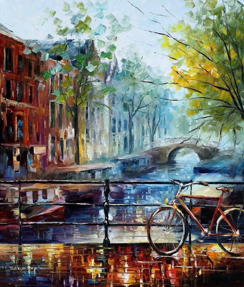 Bicycle Wall Art Cityscape Oil Painting On Canvas By Leonid Etsy