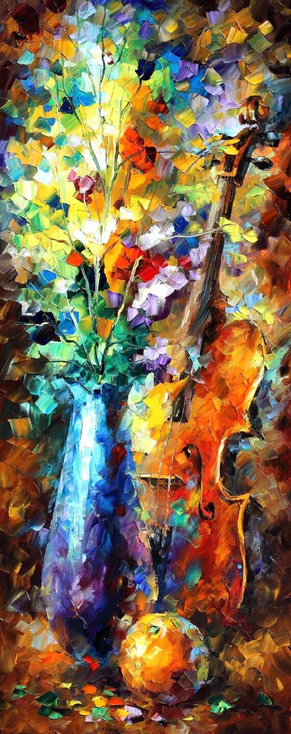 Flowers And Violin Palette Knife Floral Still Life Oil