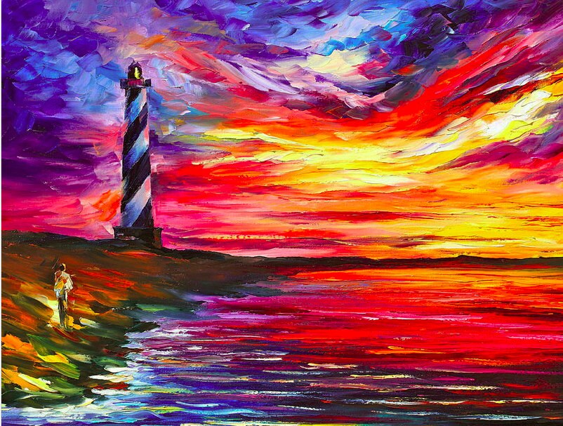 Lighthouse Palette Knife Sunset Seascape Oil Painting On Etsy