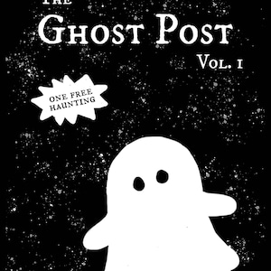 以下が含まれることがあります： 「The Ghost Post Vol. II」と「One Free Haunting」というテキストが書かれた吹き出しのある、幽霊の白黒イラスト