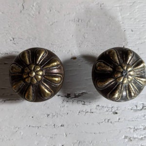 May include: Two round, decorative knobs with a brass finish. The knobs have a raised, floral design with a central flower.
