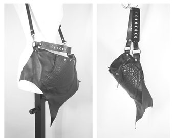 One of a kind small Italian leather purse, italian quality leather cyberpunk, cybergoth style, eclectic gothic bag, bat dark fashion effect