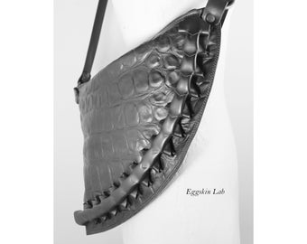 Black unisex crocodile printed Italian leather handbag, large pouch pocket in printed leather from the Worm Collection by Eggskin Lab.