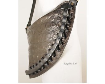 Unisex crocodile printed Italian leather handbag, large pouch pocket in printed leather from the Worm Collection by Eggskin Lab, Mini bag.