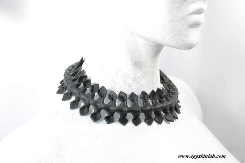 Italian black leather necklace with unique design, organic and insect-like appearance, inspired by Giger's art, collar of dark fashion, goth image 1