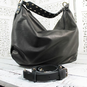 Astrea is a roomy and soft shoulder bag, crossbody bag in black leather, hobo italian leather purse with studs on handle, minimalist handbag image 4