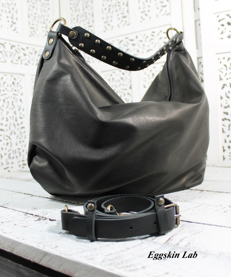 Astrea is a roomy and soft shoulder bag, crossbody bag in black leather, hobo italian leather purse with studs on handle, minimalist handbag image 4