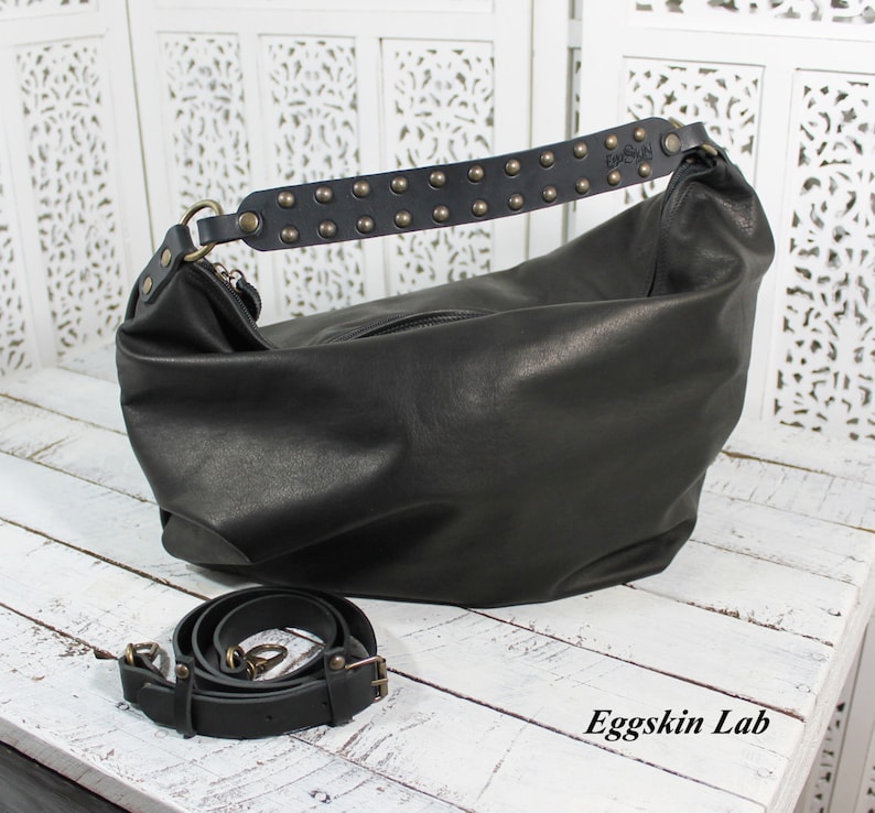 Astrea is a roomy and soft shoulder bag, crossbody bag in black leather, hobo italian leather purse with studs on handle, minimalist handbag image 3