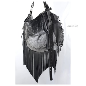Slouchy Black Leather Hobo Bag with Python-Print Pocket & Croc Flap, Unique Numbered