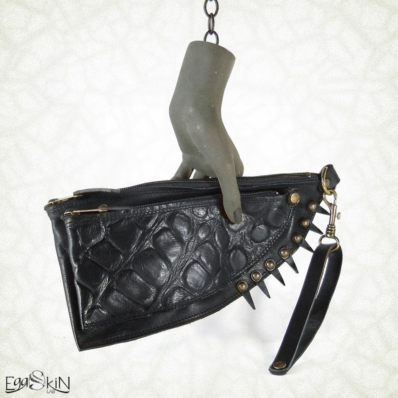 Rock Chic Spiky Evening Bag, Italian Leather Cybergoth Clutch, Edgy Cyberpunk Leather Clutch with Spikes, Dark Fashion Statement Piece, Goth image 2