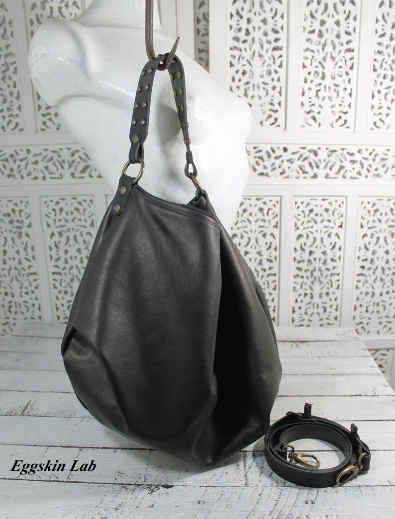 Astrea is a roomy and soft shoulder bag, crossbody bag in black leather, hobo italian leather purse with studs on handle, minimalist handbag image 6