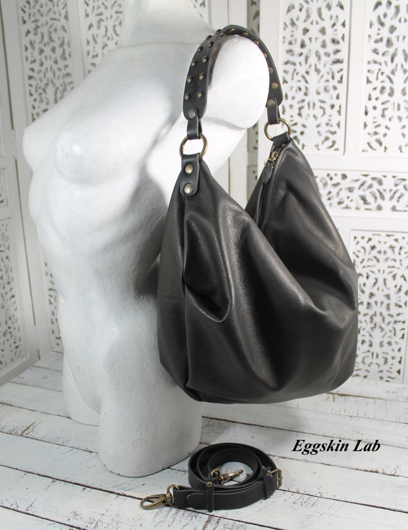 Astrea is a roomy and soft shoulder bag, crossbody bag in black leather, hobo italian leather purse with studs on handle, minimalist handbag image 2