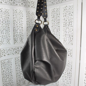 Astrea is a roomy and soft shoulder bag, crossbody bag in black leather, hobo italian leather purse with studs on handle, minimalist handbag image 5