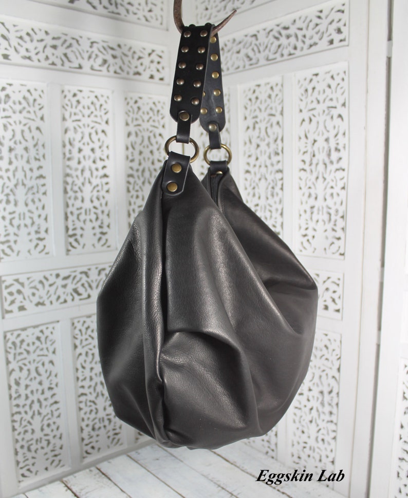 Astrea is a roomy and soft shoulder bag, crossbody bag in black leather, hobo italian leather purse with studs on handle, minimalist handbag image 5