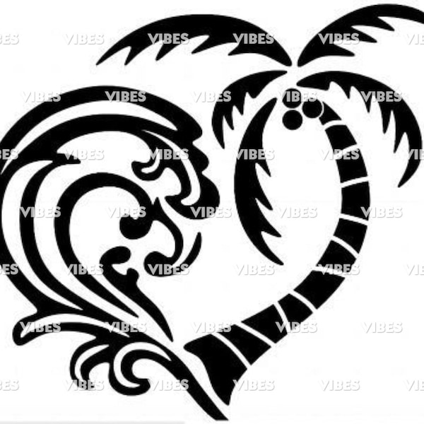 Palm Tree Ocean Wave Love Heart car decal, window, bumper sticker no background