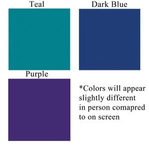 May include: A color chart showing teal, dark blue, and purple squares. The text *Colors will appear slightly different in person compared to on screen* is below the squares.