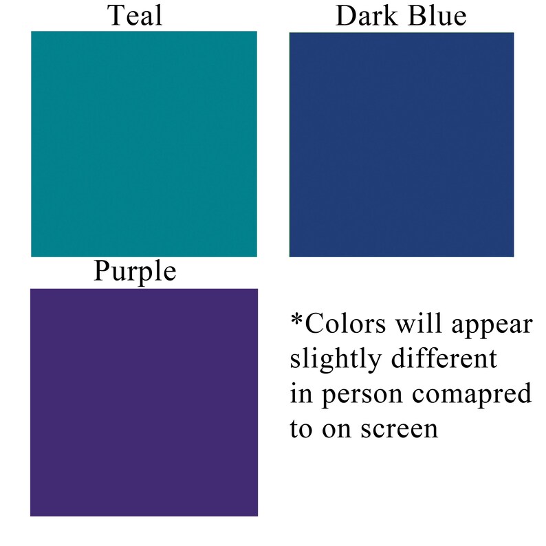 May include: A color chart showing teal, dark blue, and purple squares. The text *Colors will appear slightly different in person compared to on screen* is below the squares.