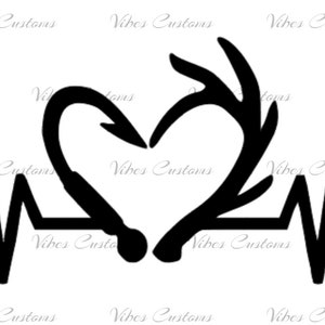 Heartbeat fishing and hunting fish hook deer car decal, window, bumper sticker no background