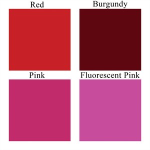 May include: Four color swatches, labeled "Red", "Burgundy", "Pink", and "Fluorescent Pink". The swatches are arranged in a 2x2 grid.