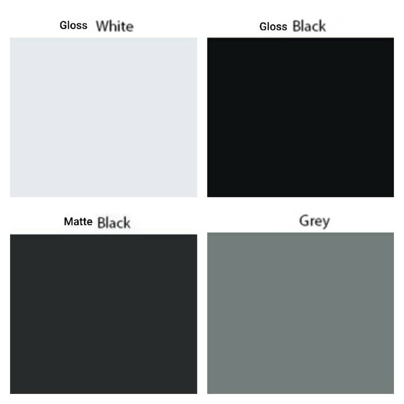 May include: Four color swatches showing different finishes for a product. The swatches are labeled "Gloss White", "Gloss Black", "Matte Black", and "Grey".
