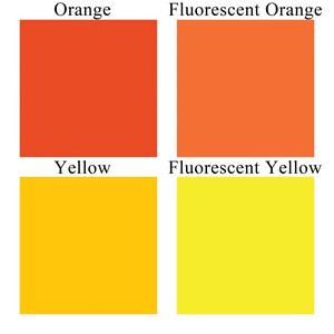 May include: Four color swatches, two orange and two yellow. The top left swatch is labeled "Orange", the top right swatch is labeled "Fluorescent Orange", the bottom left swatch is labeled "Yellow", and the bottom right swatch is labeled "Fluorescent Yellow".
