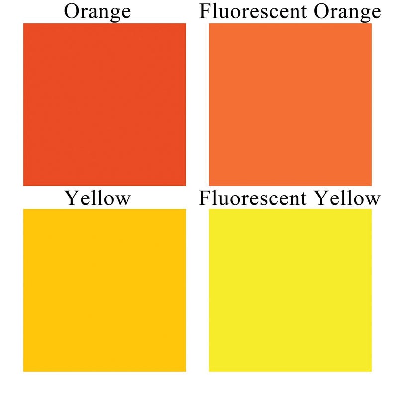 May include: Four color swatches, two orange and two yellow. The top left swatch is labeled "Orange", the top right swatch is labeled "Fluorescent Orange", the bottom left swatch is labeled "Yellow", and the bottom right swatch is labeled "Fluorescent Yellow".