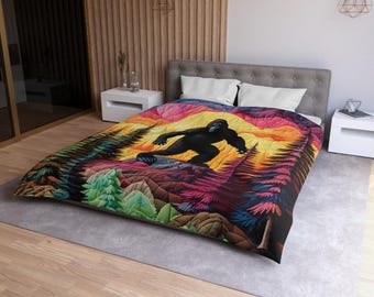 Bigfoot Adventure Microfiber Duvet Cover, Cozy Colorful Bedding, Fantasy Home Decor, Camping Gift, Unique Bedroom Style