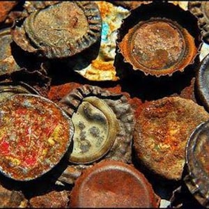 May include: A collection of rusty bottle caps, some with raised lettering, in various shades of brown, orange, and red.
