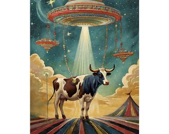 Cow Abduction UFOs Hanging - ORIGINAL ART PRINT - Matte Vertical Poster