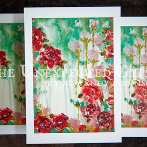 Impresión artística A5 - 'Rosas de papel', pintura de flores para enviar, enmarcar o llevar en un diario.
