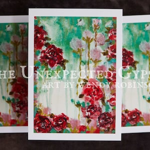 Impresión artística tamaño postal A6: pintura de flores 'Rosas de papel' para enviar, enmarcar o llevar en un diario.
