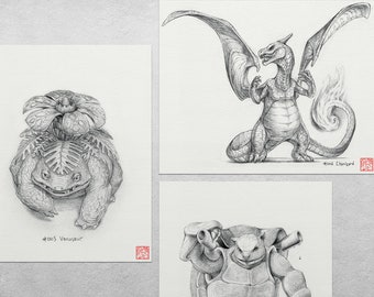 Venusaur, Charizard i Blastoise - zestaw trzech wydruków 8 x 10" - Kanto Gen 1 starters trio - (rysowanie pokemonów, sztuka, grafika, gry)
