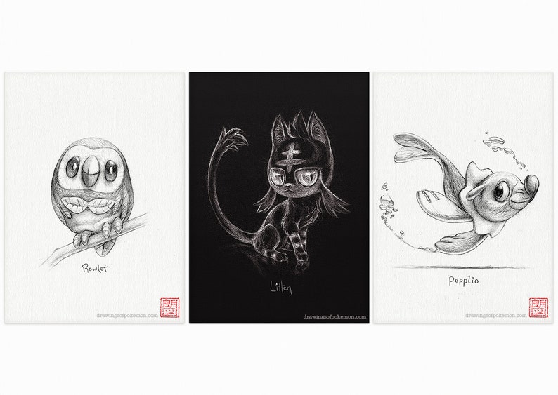 May include: Three black and white pencil drawings of Pokemon characters. The first drawing is of Rowlet, a small brown owl with big eyes. The second drawing is of Litten, a black cat with a white stripe down its back. The third drawing is of Popplio, a blue and white sea lion with a pink nose.