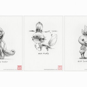 May include: Three pencil drawings of Pokemon characters. The first drawing is of Treecko, a green lizard-like Pokemon. The second drawing is of Mudkip, a blue fish-like Pokemon. The third drawing is of Torchic, a yellow bird-like Pokemon.