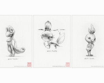 Treecko, Torchic and Mudkip - Hoenn Gen 3 Pokémon starters - set of three 5 x 7" prints (pokemon drawing, art, artwork, gaming, nintendo)