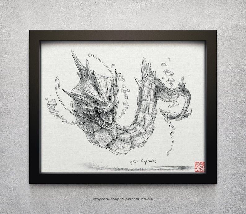 Gyarados 8 x 10 print pokemon drawing, art, artwork, gaming, nintendo, decor image 1