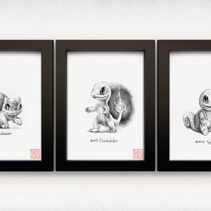 Bulbasaur, Charmander and Squirtle Kanto Gen 1 Pokemon starters set of three 5 x 7 prints drawing, art, artwork, gaming, nintendo image 1