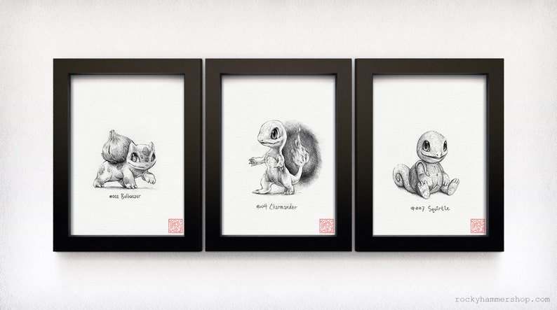 Bulbasaur, Charmander and Squirtle Kanto Gen 1 Pokemon starters set of three 5 x 7 prints drawing, art, artwork, gaming, nintendo image 1