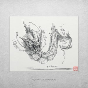 Gyarados 8 x 10 print pokemon drawing, art, artwork, gaming, nintendo, decor image 2