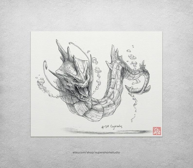 Gyarados 8 x 10 print pokemon drawing, art, artwork, gaming, nintendo, decor image 2