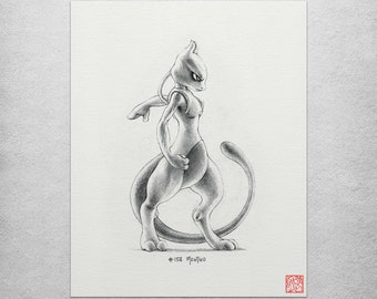 ミュウツー - 8 x 10 インチ プリント (ポケモンの絵、アート、アート
