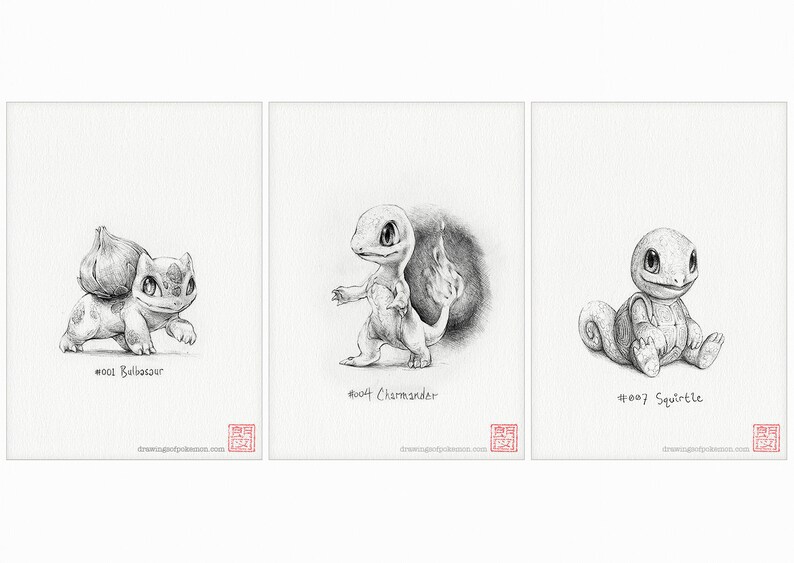 Bulbasaur, Charmander and Squirtle Kanto Gen 1 Pokemon starters set of three 5 x 7 prints drawing, art, artwork, gaming, nintendo image 3
