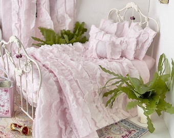 Dollhouse Bedding, Seven Piece Pink Cotton Lawn Distressed Ruffles Bedding Set for 1:12 Scale Miniature Bed, Romantic Dollhouse Gift