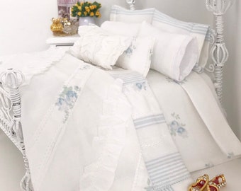 Dollhouse Bedding, Shabby 11 Piece Pale Blue Roses & Stripes on White Cotton Bed Set for 1:12 Scale Bed, Miniatures, Room Box, Chantallena