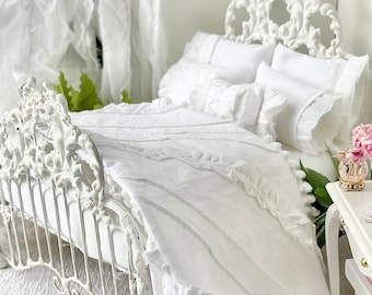 Dollhouse Bedding, Eight Piece Shabby White Cotton Bedding Set with Ruffles for 1:12 Scale Miniature Dollhouse Bed, Romantic Decor