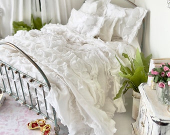 Dollhouse Bedding,  Seven Piece White Cotton Distressed Ruffled Bedding Set, 1:12 Scale Miniatures, Gift for Dollhouse, Romantic Miniatures
