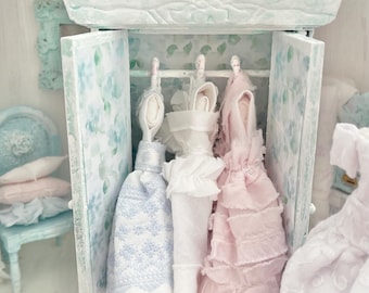 1:12 Scale Shabby Blue Floral Dollhouse Armoire with Display Dresses on Hangers and Dress Form, Miniature Romantic Miniature Dollhouse Decor