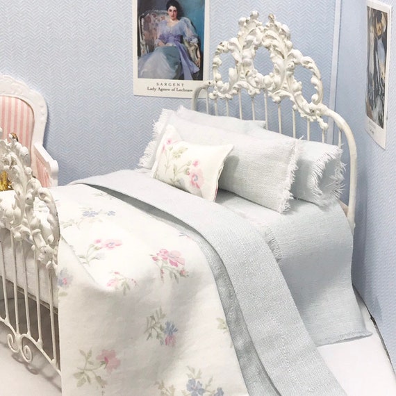 Dollhouse Bedding 7 Piece Shabby Pale Blue Linen And Cotton - Pale Blue Linen Bedding Dollhouse Bedding 7 Piece Shabby Pale Blue Linen And Cotton - Pale Blue Linen Bedding